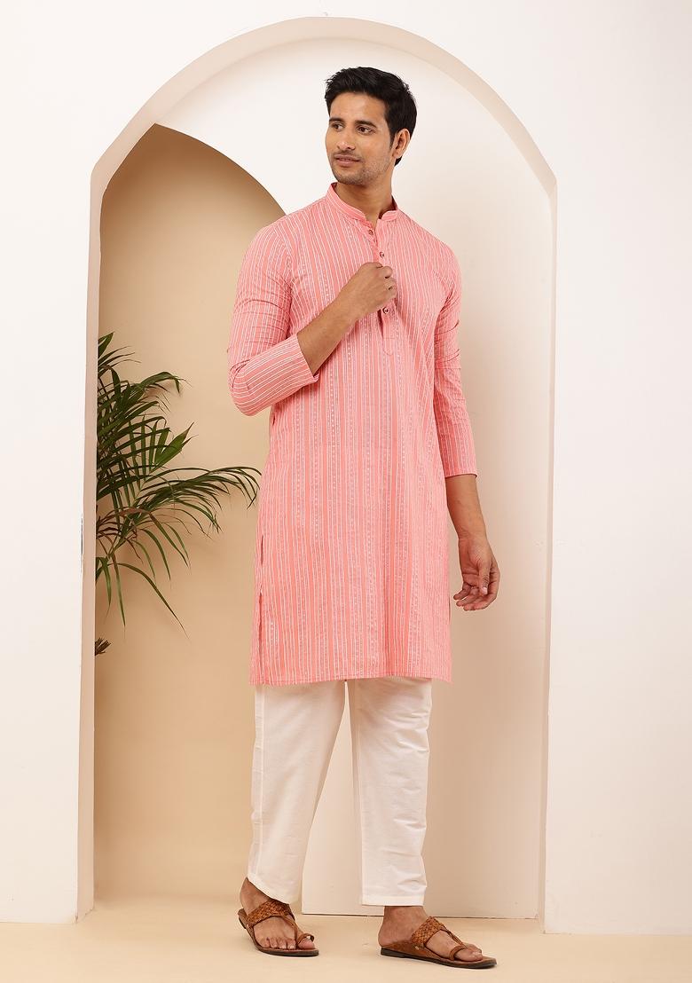Coral Pink Machine Embroidered Cotton Kurta For Men