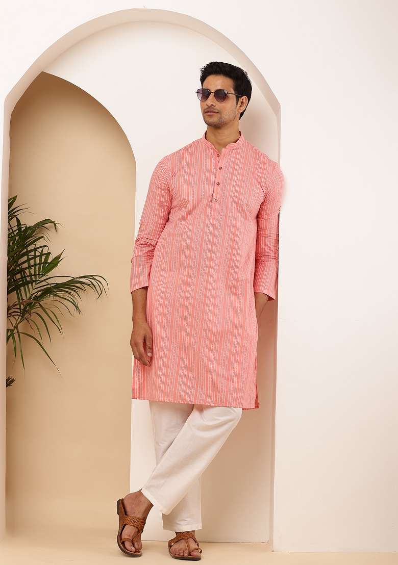 Coral Pink Machine Embroidered Cotton Kurta For Men - Indya