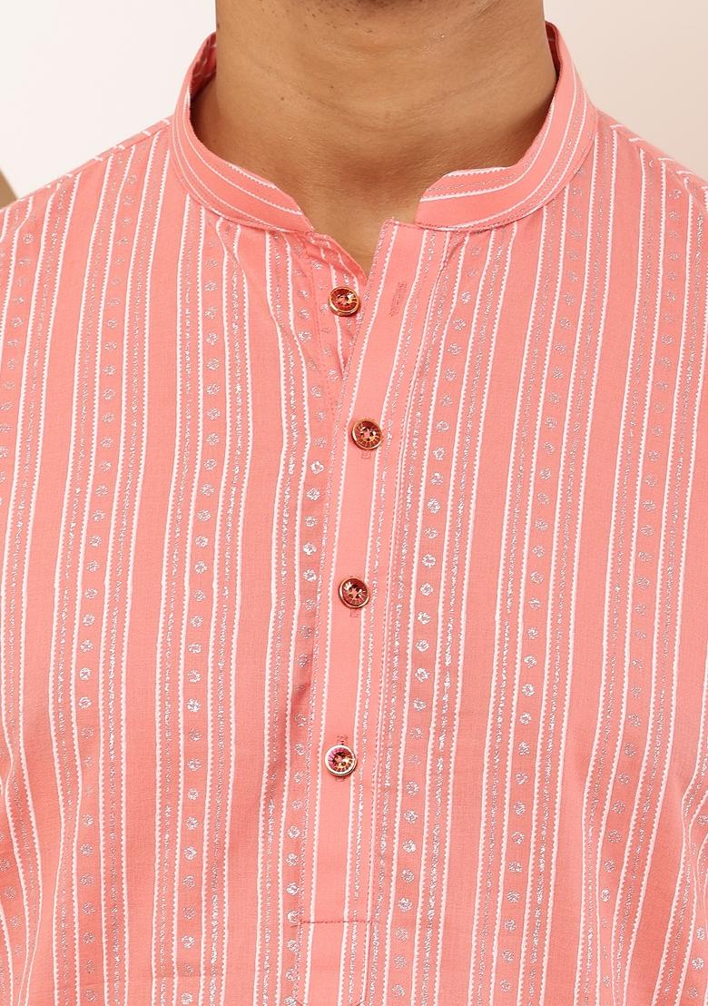 Coral Pink Machine Embroidered Cotton Kurta For Men