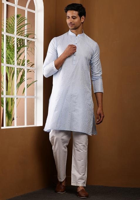 Light Blue Machine Embroidered Viscose Rayon Kurta For Men