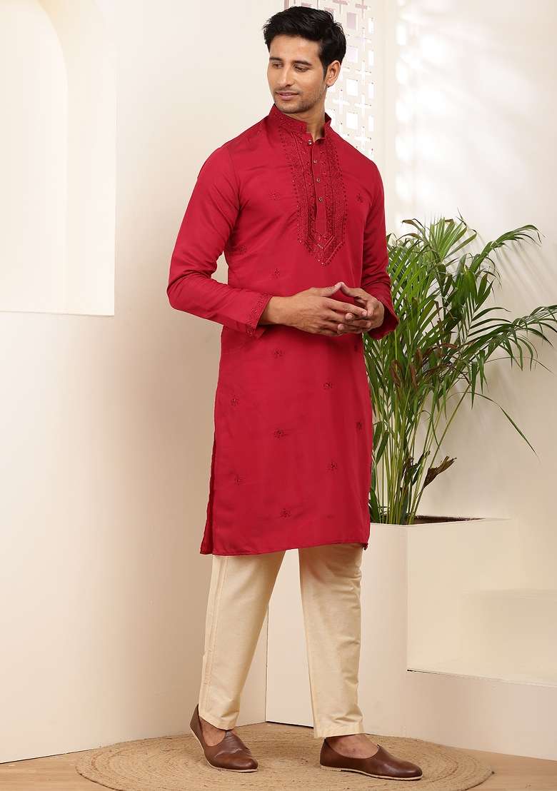 Red Machine Embroidered Cotton Kurta For Men - Indya