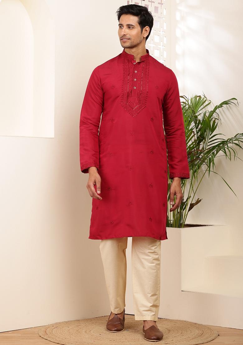 Red Machine Embroidered Cotton Kurta For Men
