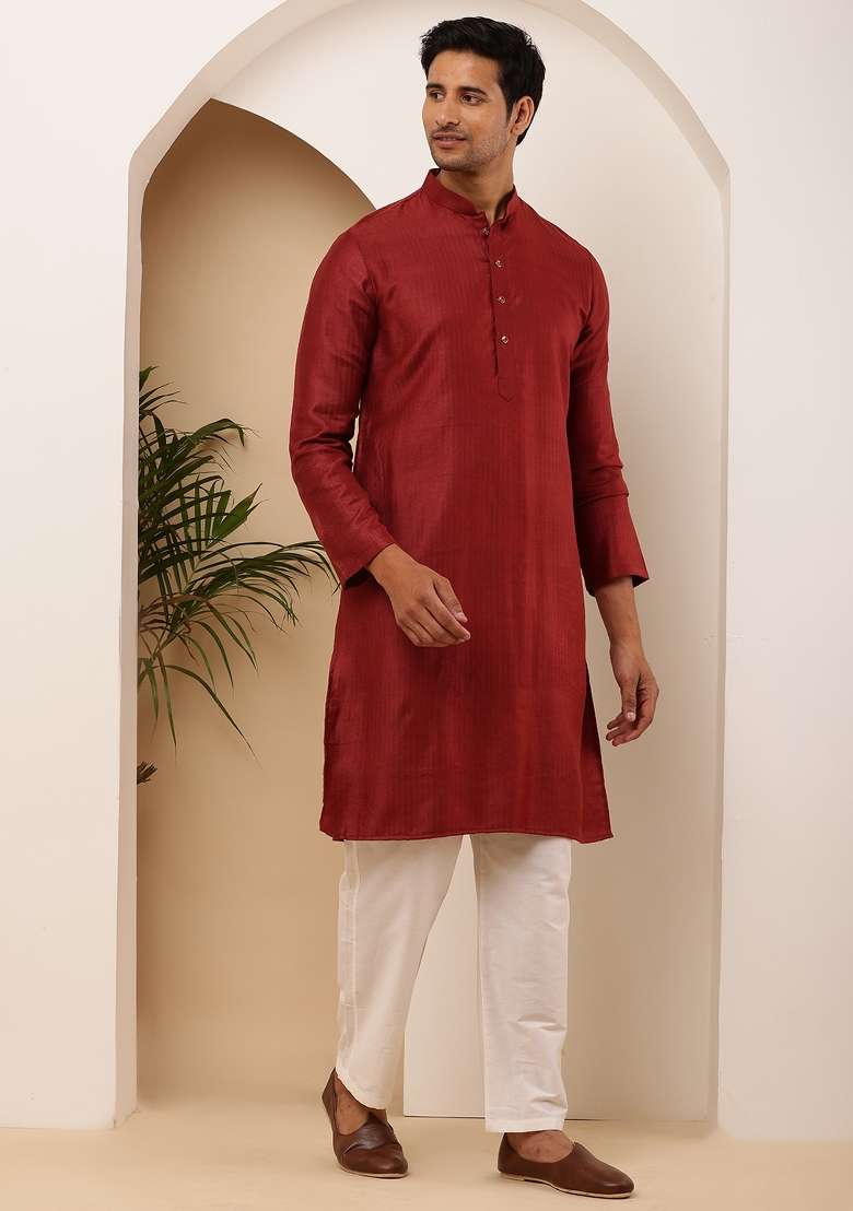 Maroon Machine Embroidered Viscose Rayon Kurta For Men - Indya