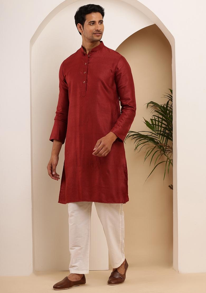 Maroon Machine Embroidered Viscose Rayon Kurta For Men