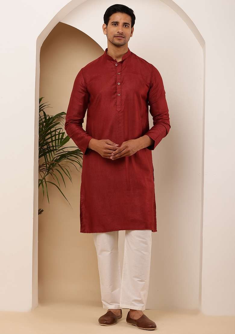 Maroon Machine Embroidered Viscose Rayon Kurta For Men - Indya