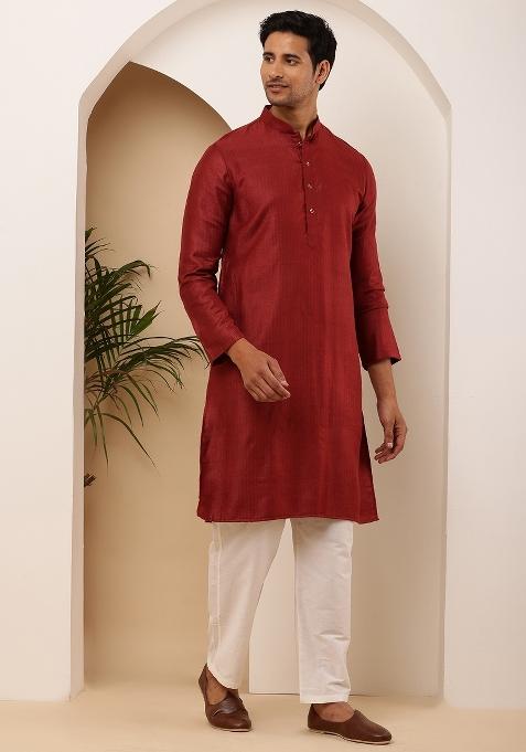 Maroon Machine Embroidered Viscose Rayon Kurta For Men
