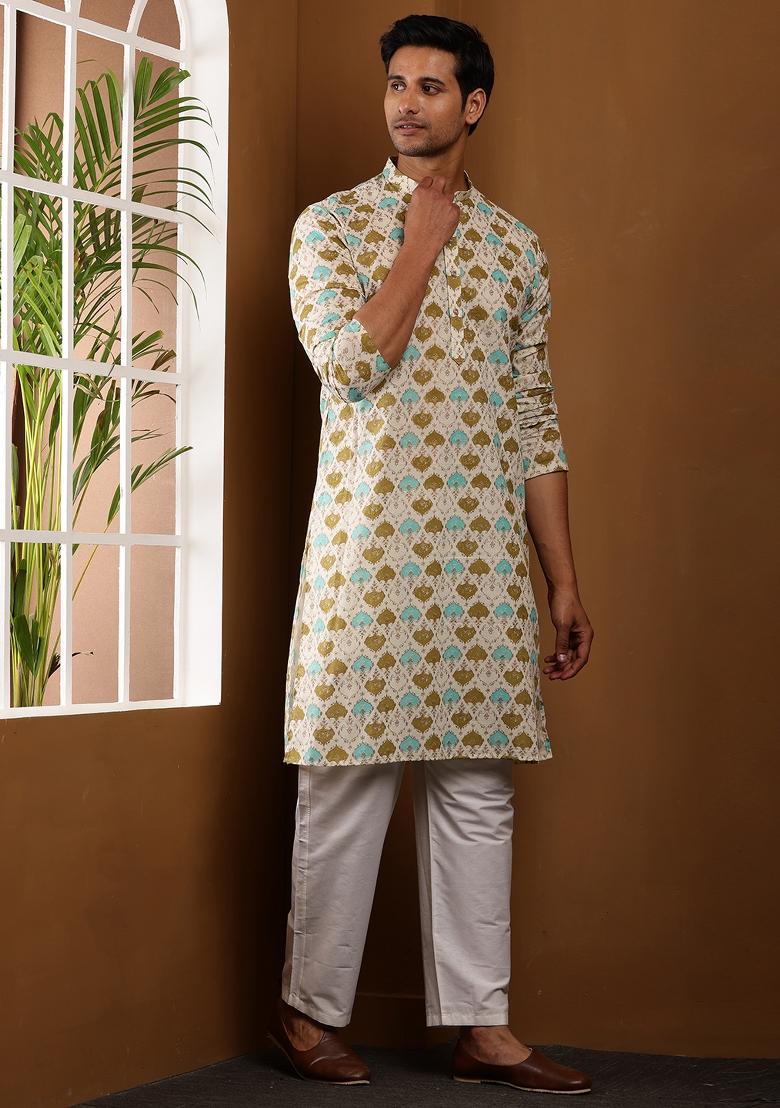 White Machine Embroidered Viscose Rayon Kurta For Men
