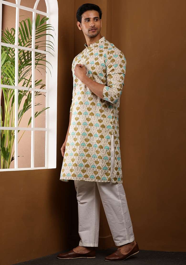 White Machine Embroidered Viscose Rayon Kurta For Men - Indya