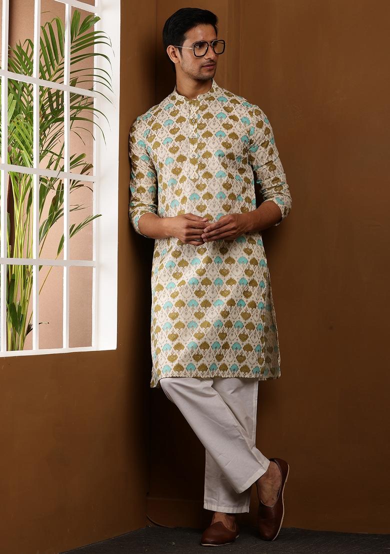 White Machine Embroidered Viscose Rayon Kurta For Men