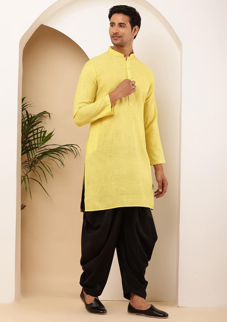 Bright Yellow Machine Embroidered Viscose Rayon Kurta For Men