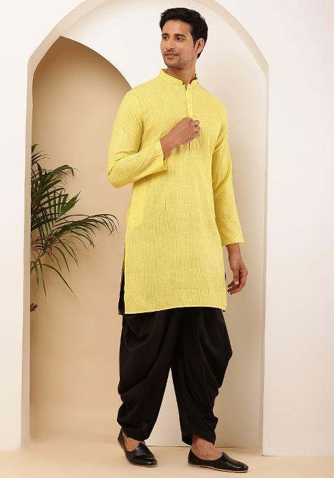 Bright Yellow Machine Embroidered Viscose Rayon Kurta For Men