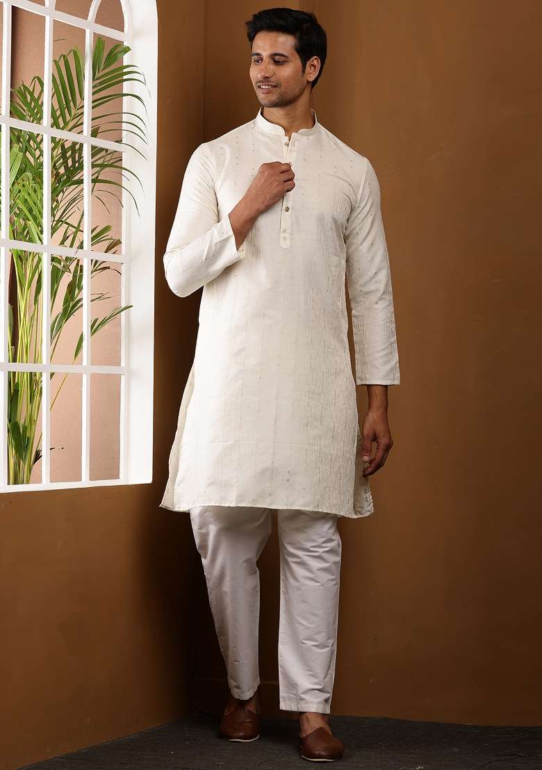 White Machine Embroidered Viscose Rayon Kurta For Men - Indya