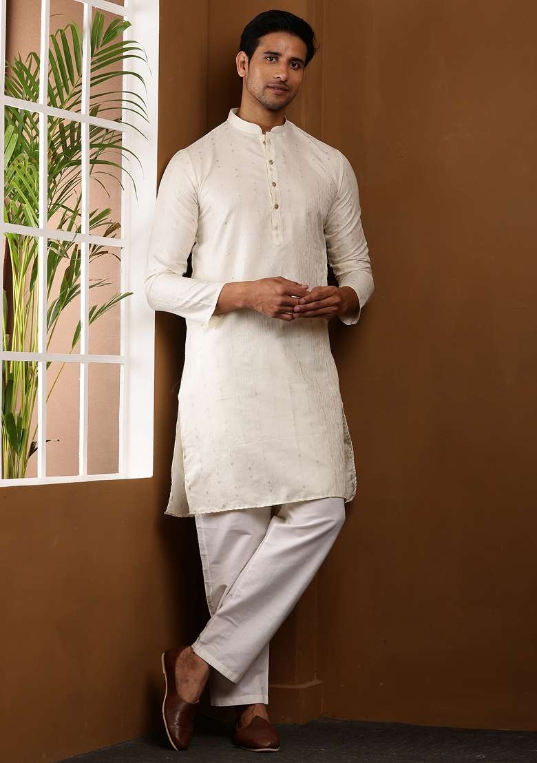 White Machine Embroidered Viscose Rayon Kurta For Men - Indya