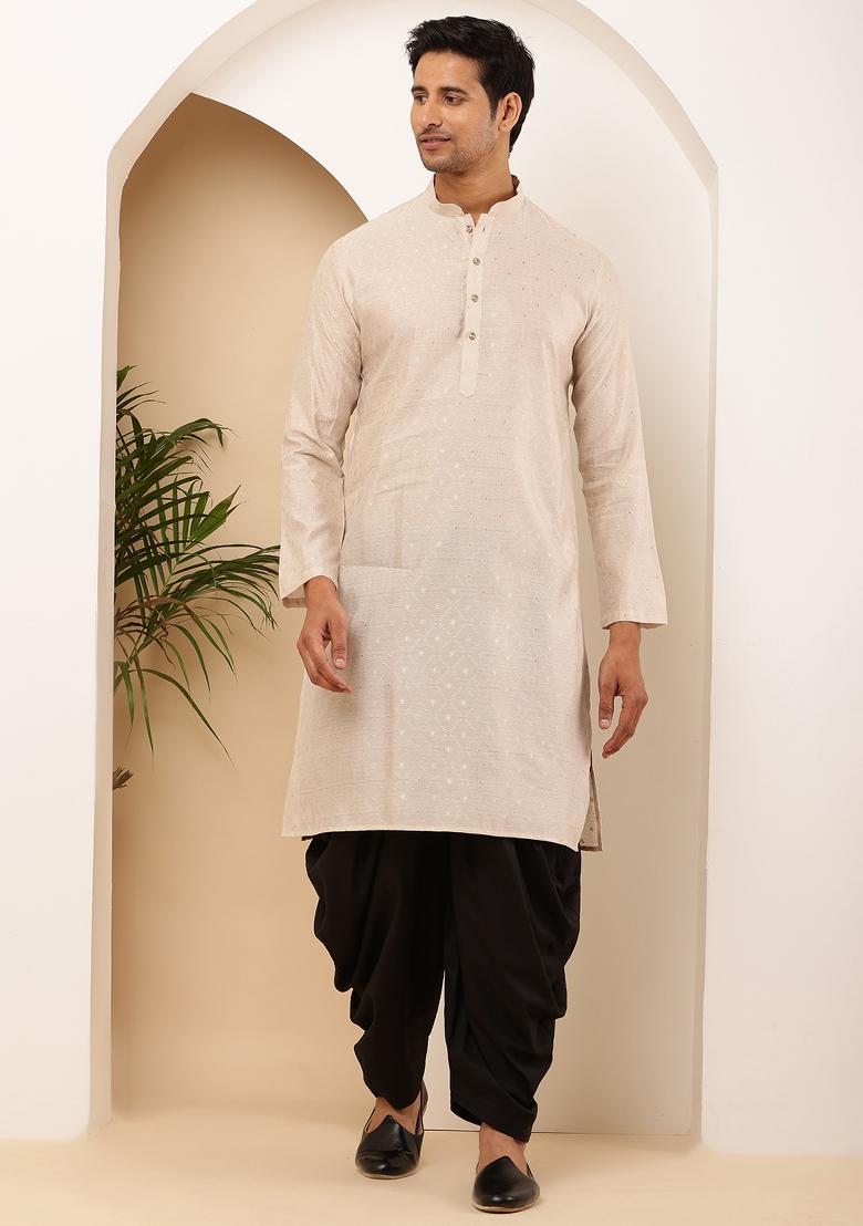Orange Machine Embroidered Viscose Rayon Kurta For Men