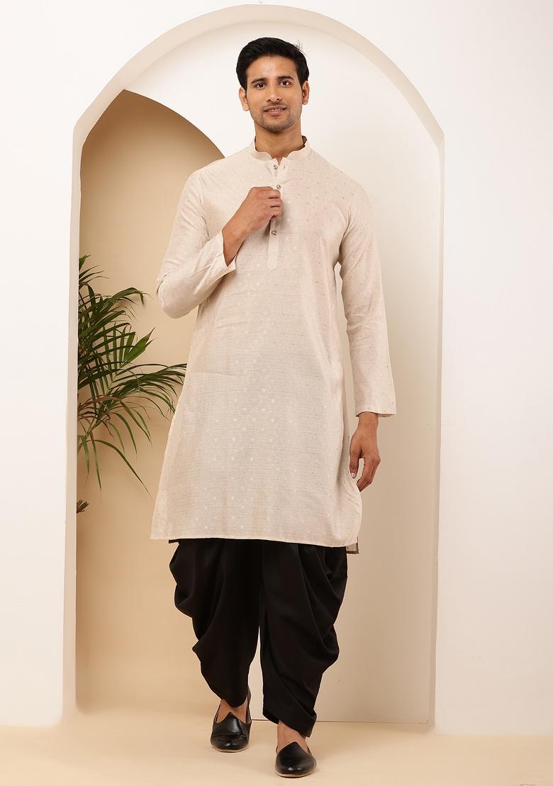 Orange Machine Embroidered Viscose Rayon Kurta For Men