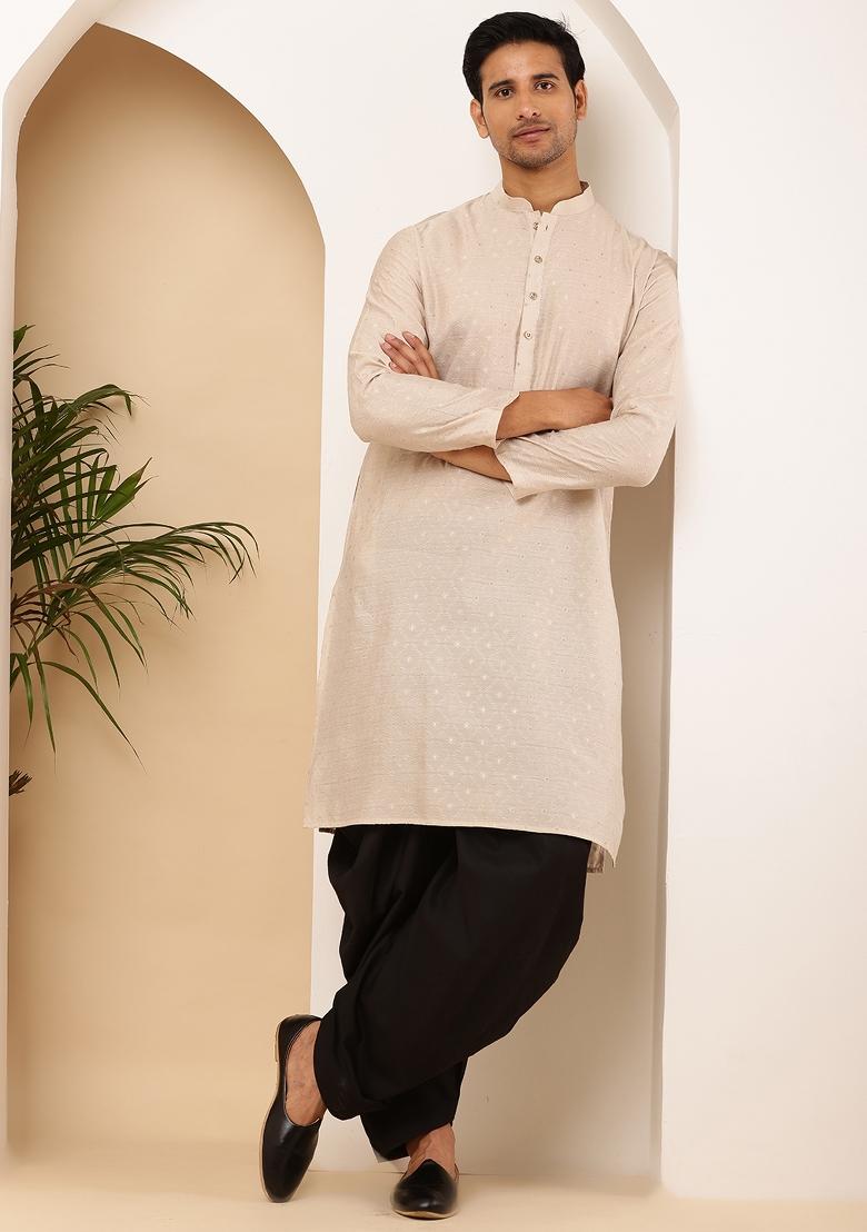 Orange Machine Embroidered Viscose Rayon Kurta For Men
