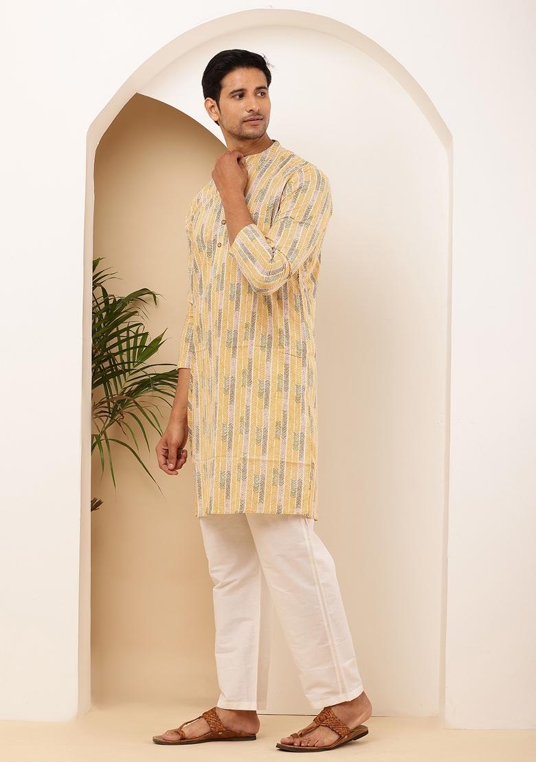 Beige Machine Embroidered Cotton Kurta For Men