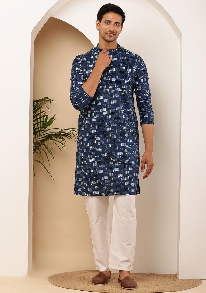 Navy Blue Machine Embroidered Viscose Rayon Kurta For Men