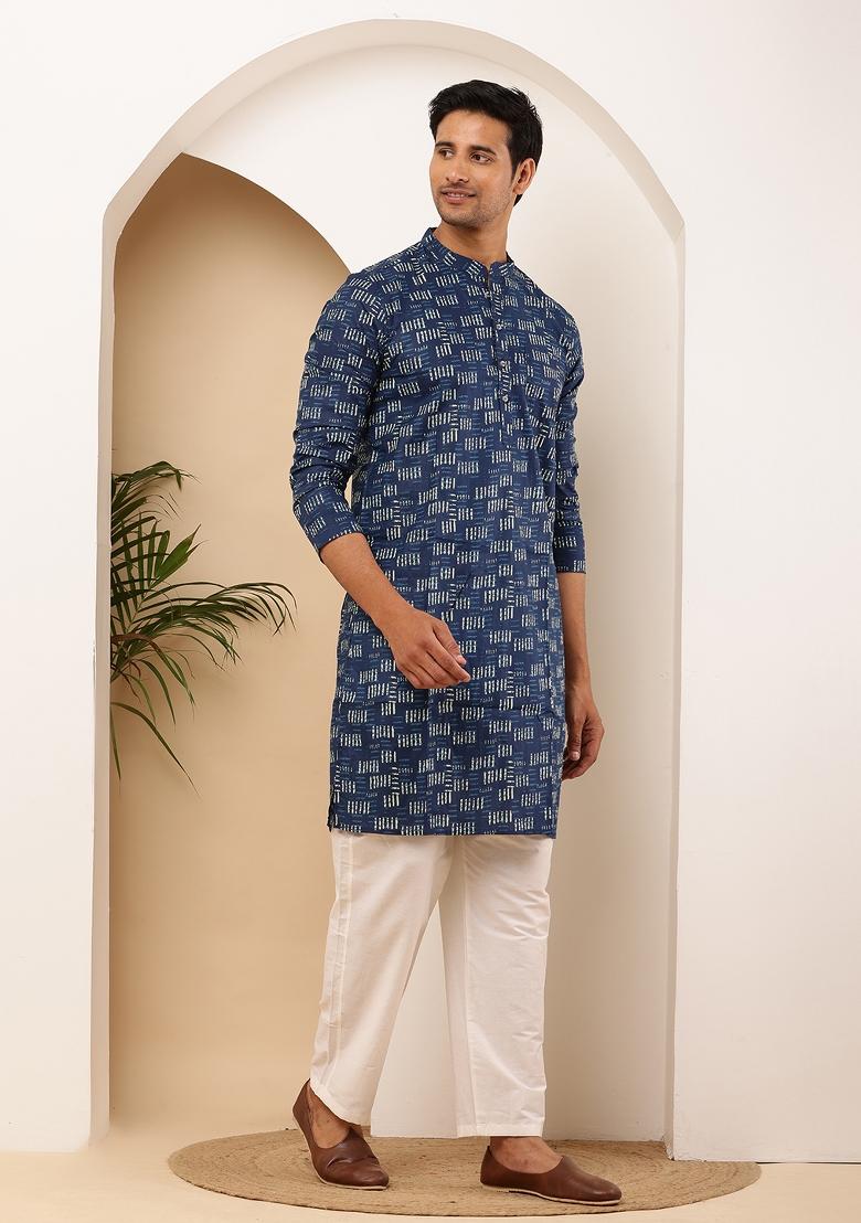Navy Blue Machine Embroidered Viscose Rayon Kurta For Men