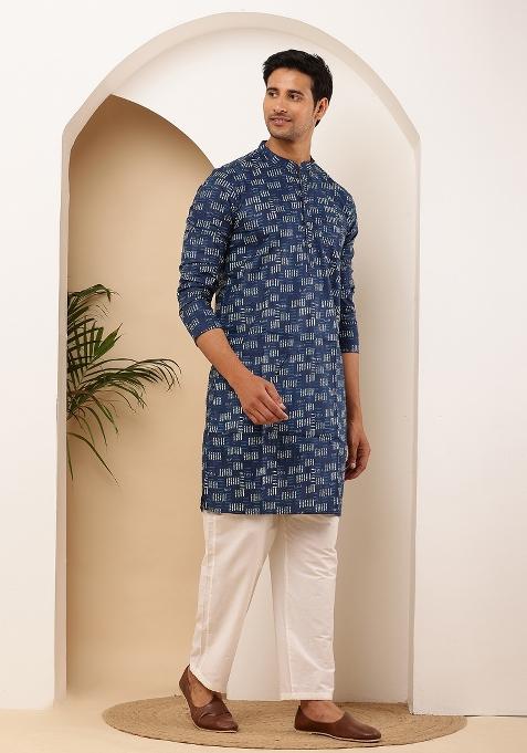 Navy Blue Machine Embroidered Viscose Rayon Kurta For Men