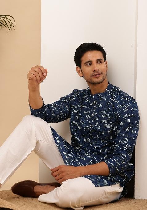 Navy Blue Machine Embroidered Viscose Rayon Kurta For Men