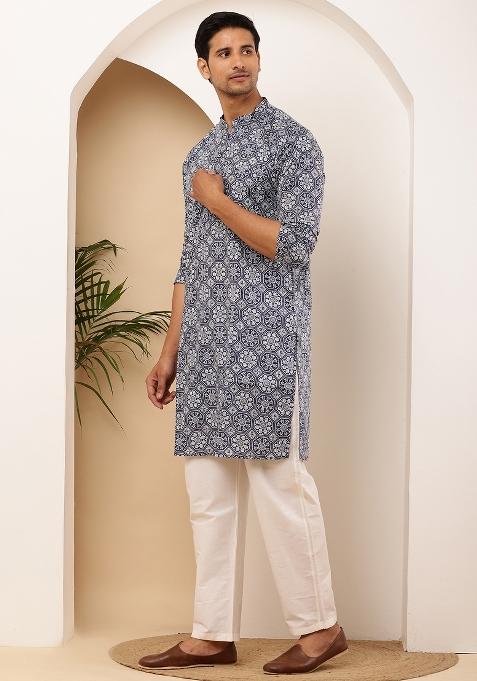 Teal Blue Machine Embroidered Viscose Rayon Kurta For Men