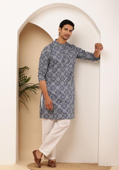 Teal Blue Machine Embroidered Viscose Rayon Kurta For Men