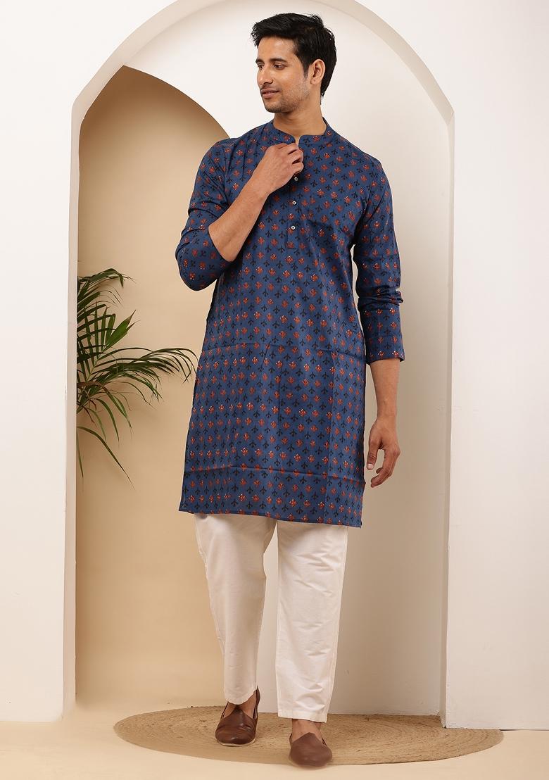 Indigo Machine Embroidered Viscose Rayon Kurta For Men