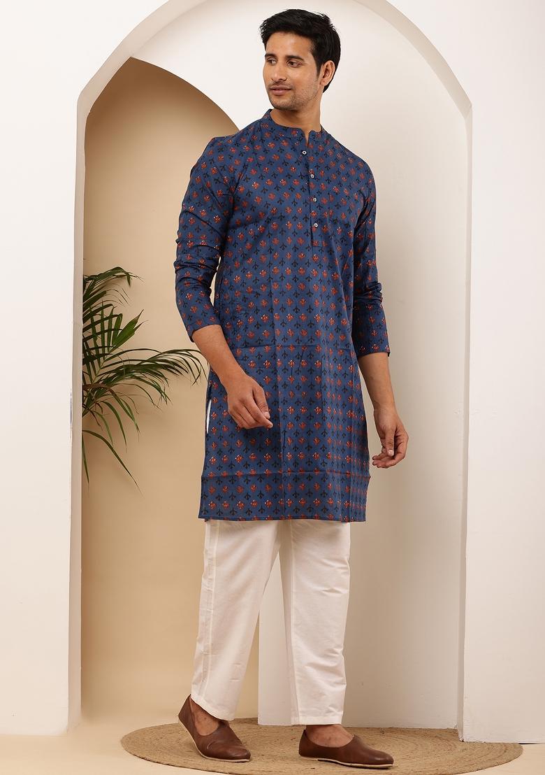 Indigo Machine Embroidered Viscose Rayon Kurta For Men