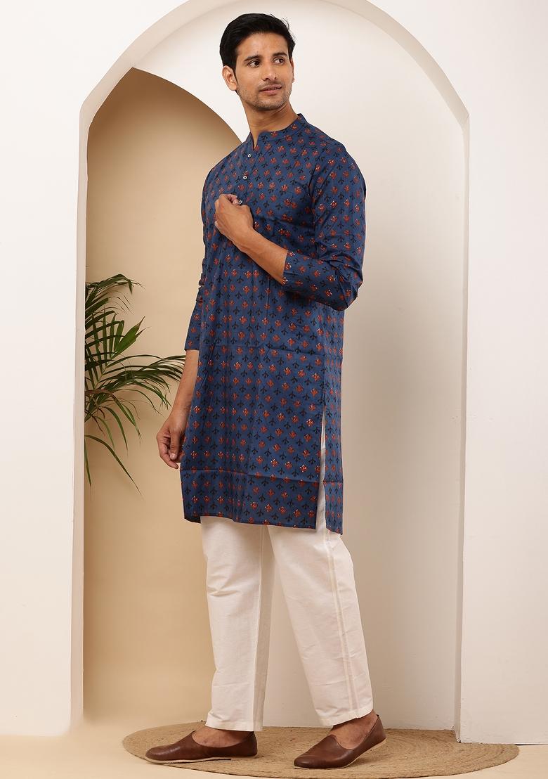 Indigo Machine Embroidered Viscose Rayon Kurta For Men