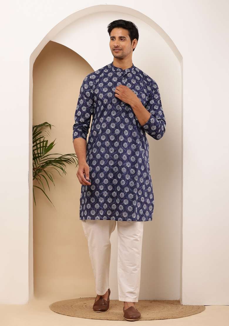 Navy Blue Machine Embroidered Viscose Rayon Kurta For Men - Indya