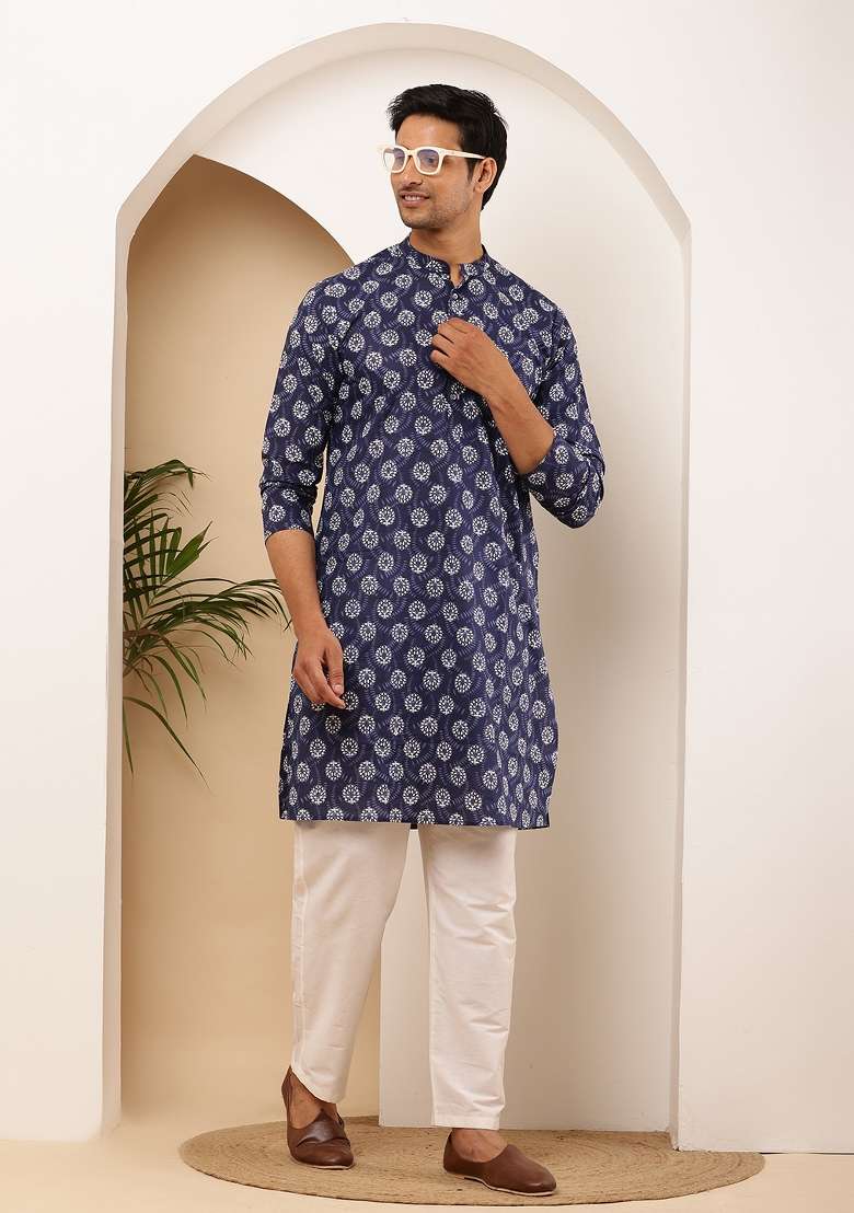 Navy Blue Machine Embroidered Viscose Rayon Kurta For Men - Indya