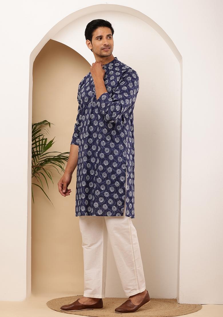 Navy Blue Machine Embroidered Viscose Rayon Kurta For Men