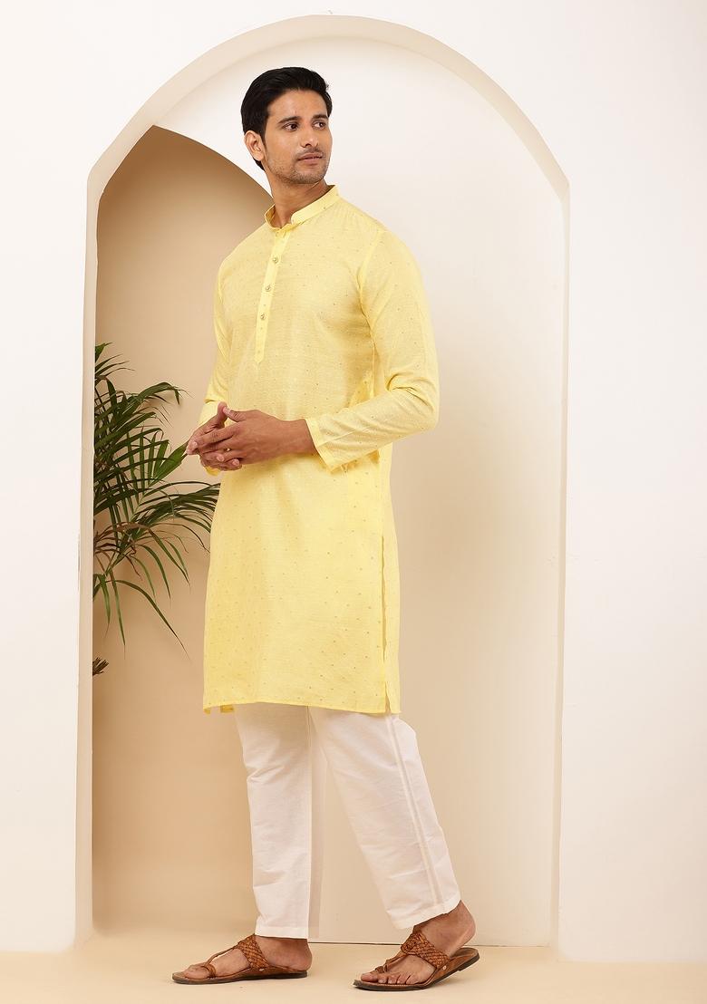 Light Yellow Machine Embroidered Viscose Rayon Kurta For Men
