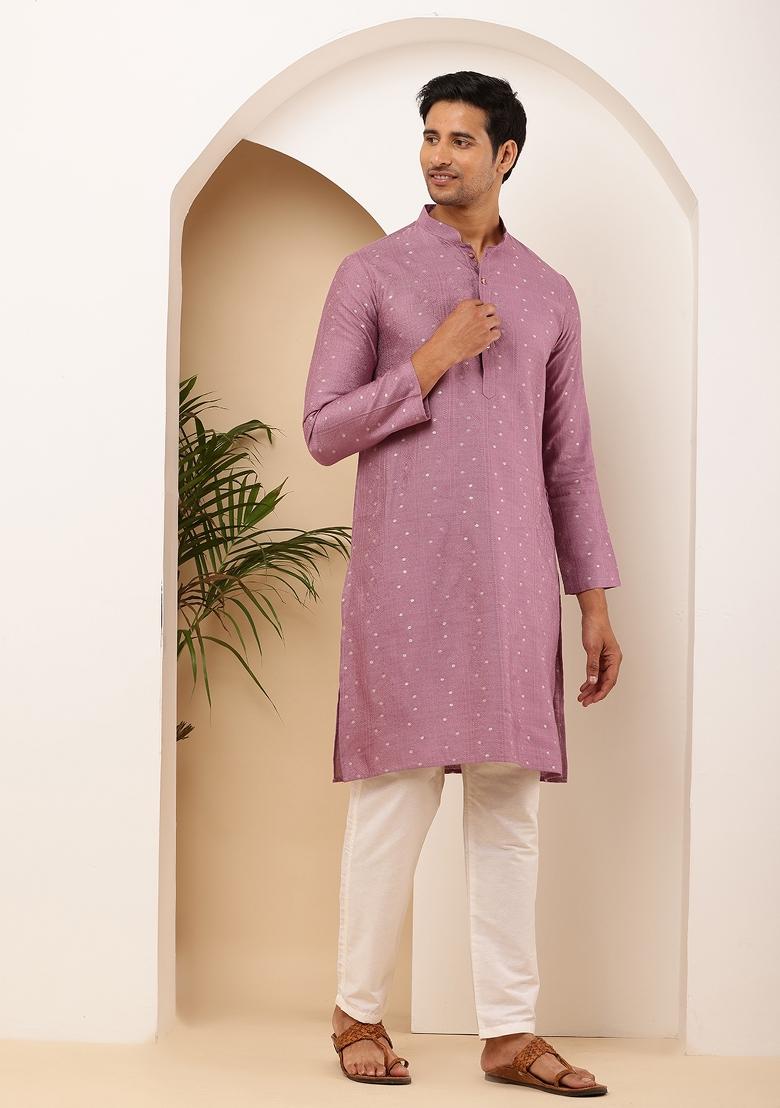 Mauve Machine Embroidered Viscose Rayon Kurta For Men