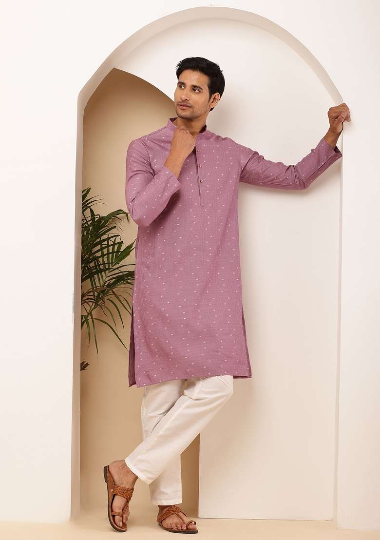 Mauve Machine Embroidered Viscose Rayon Kurta For Men - Indya