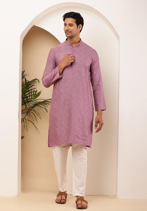 Mauve Machine Embroidered Viscose Rayon Kurta For Men