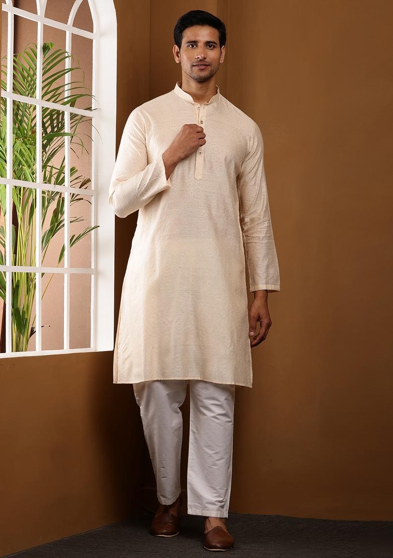 White Machine Embroidered Cotton Kurta For Men