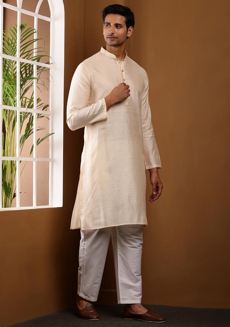 White Machine Embroidered Cotton Kurta For Men