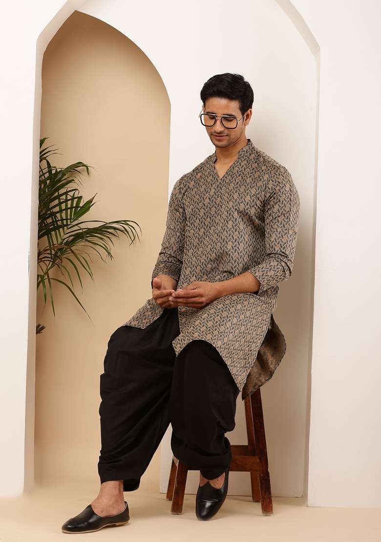 Grey Machine Embroidered Viscose Rayon Kurta For Men - Indya