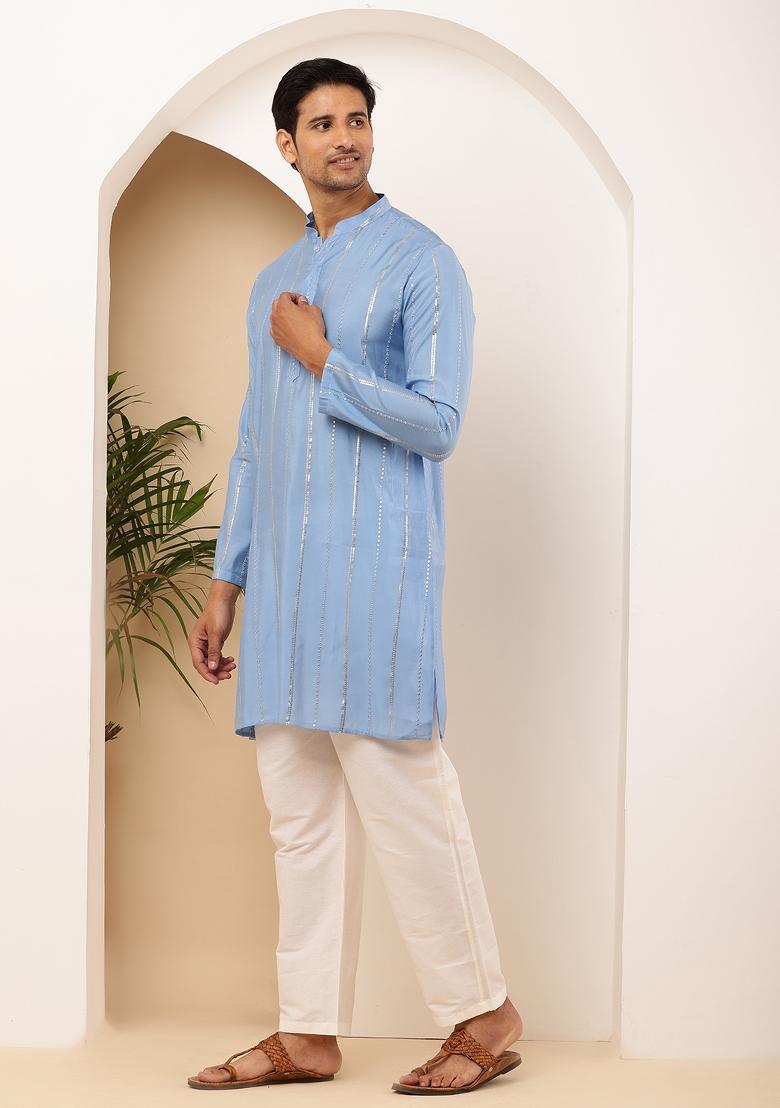 Blue Machine Embroidered Cotton Kurta Set For Men