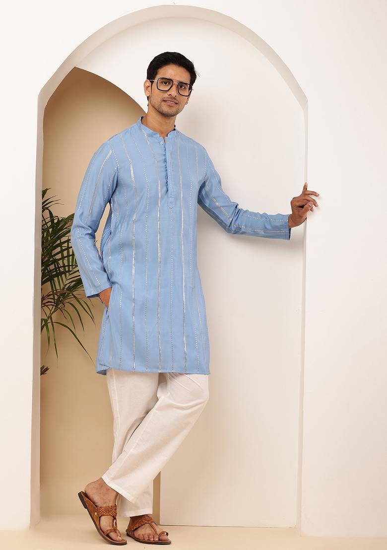 Blue Machine Embroidered Cotton Kurta Set For Men