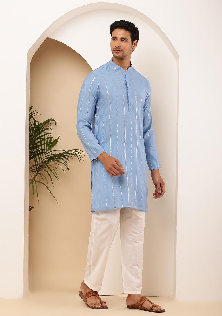 Blue Machine Embroidered Viscose Rayon Kurta Set For Men