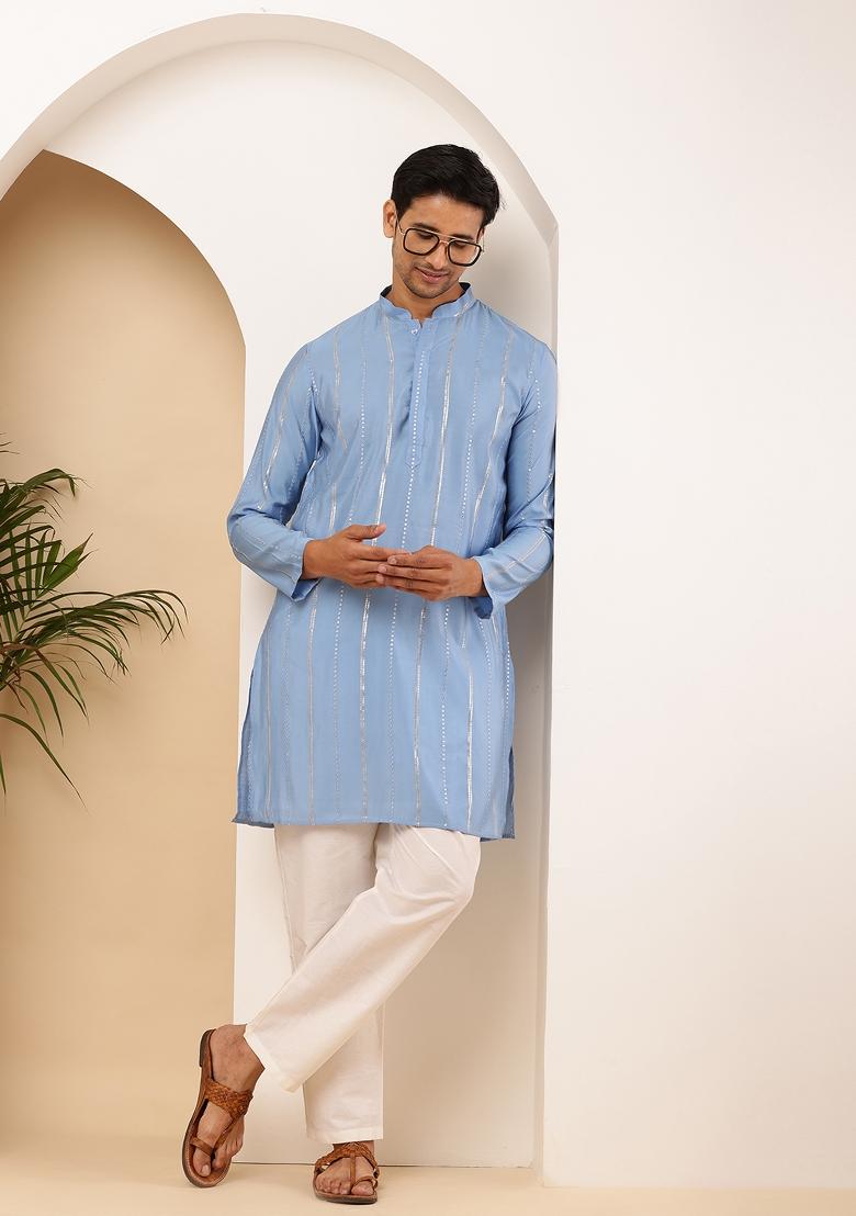 Blue Machine Embroidered Viscose Rayon Kurta Set For Men