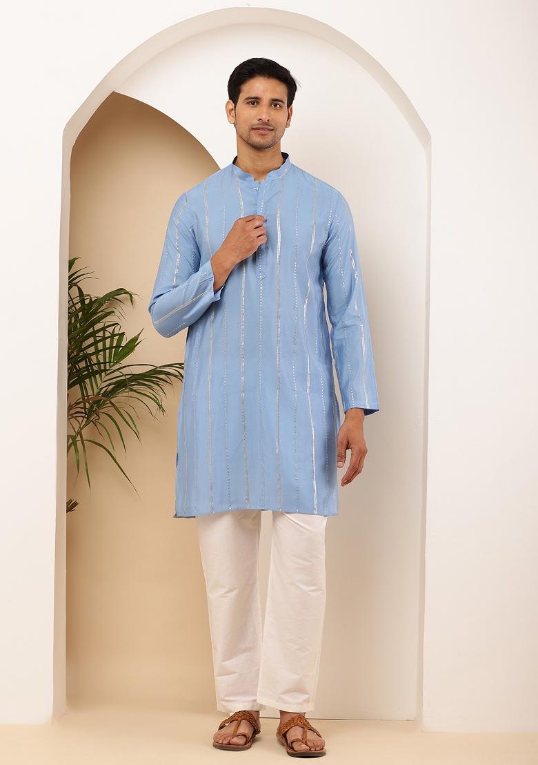Blue Machine Embroidered Viscose Rayon Kurta Set For Men