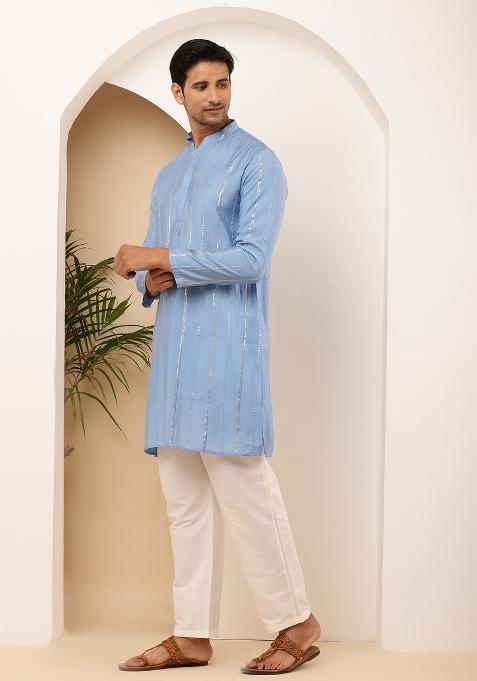 Blue Machine Embroidered Viscose Rayon Kurta Set For Men