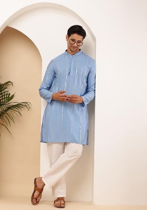 Blue Machine Embroidered Viscose Rayon Kurta Set For Men