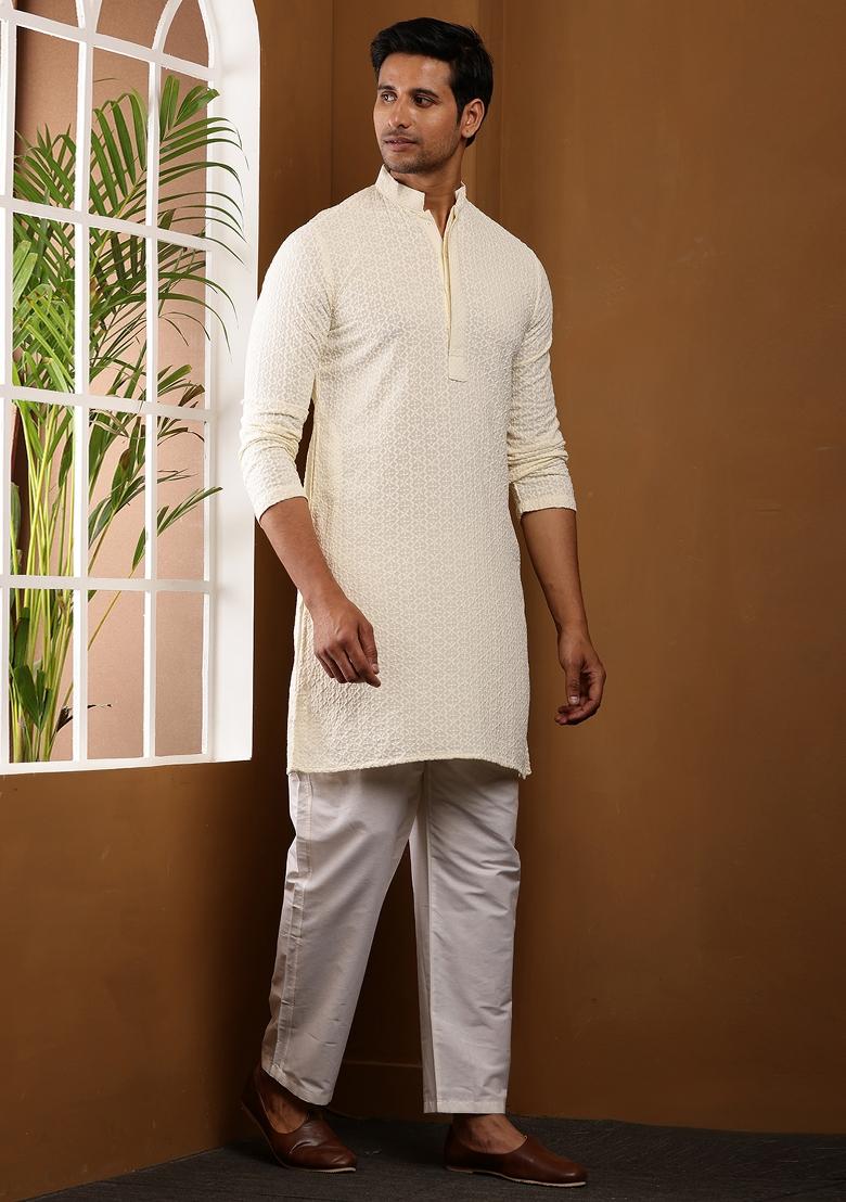 White Machine Embroidered Viscose Rayon Kurta Set For Men