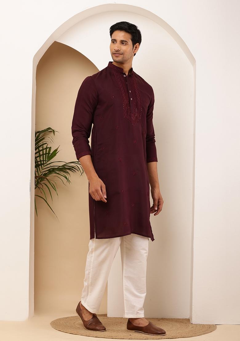 Maroon Machine Embroidered Viscose Rayon Kurta Set For Men