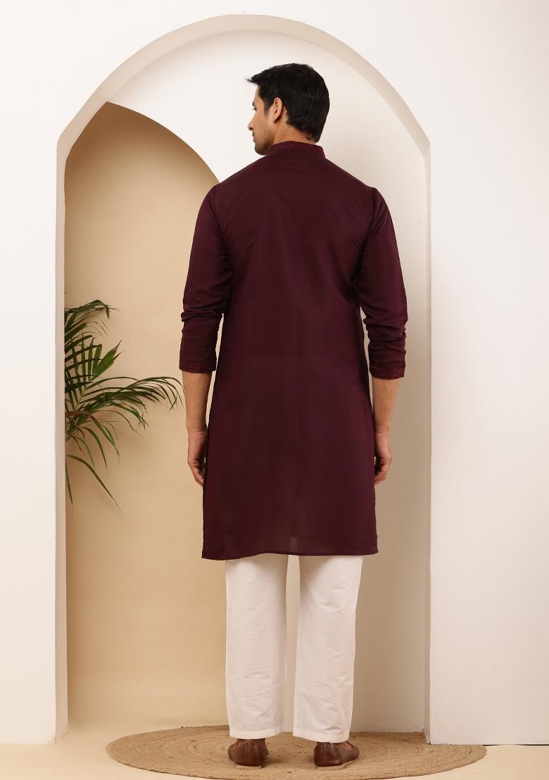 Maroon Machine Embroidered Viscose Rayon Kurta Set For Men